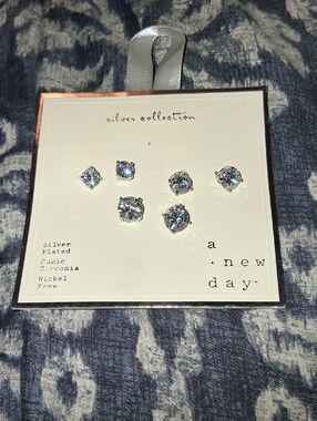 a new day Silver-Plated Clear Cubic Zirconia Stud Earring Set